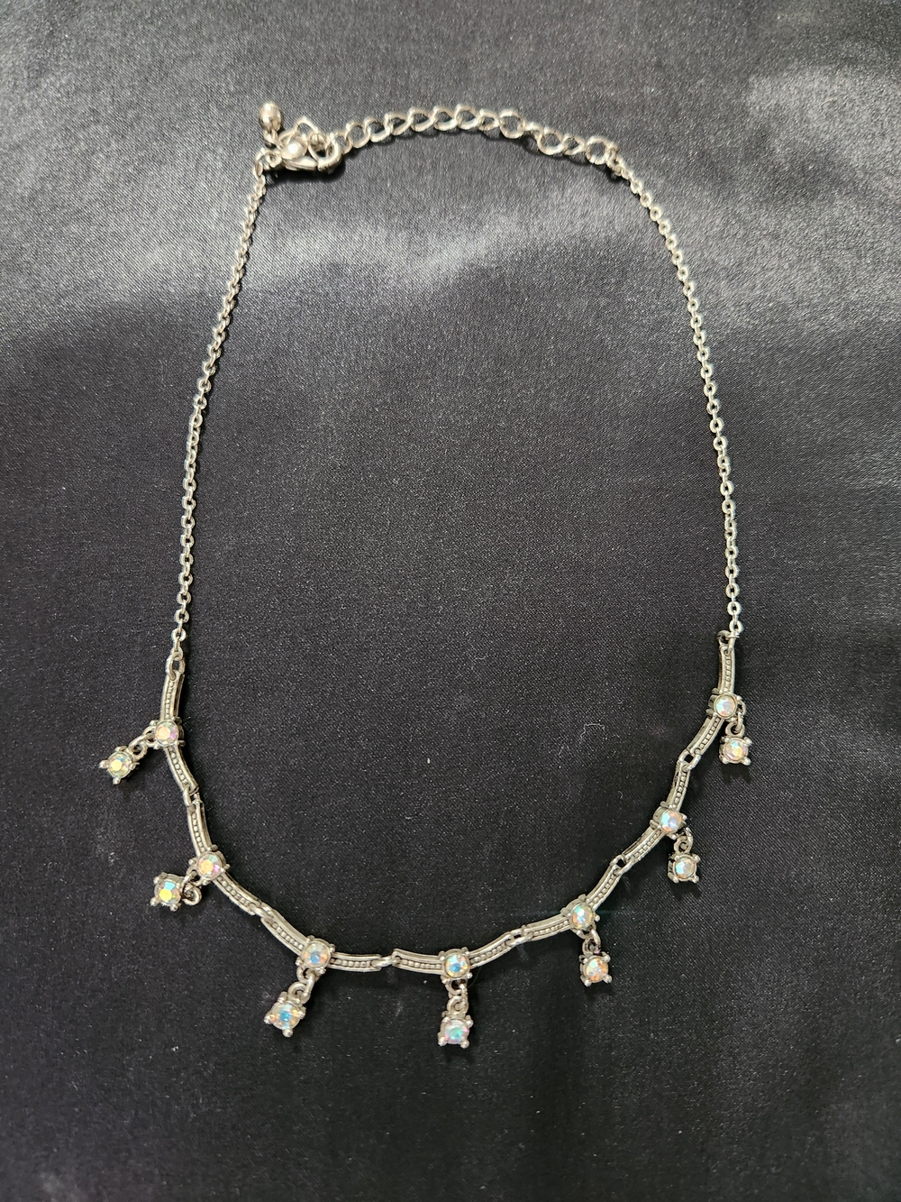 Silver-Tone Aurora Borealis (AB) Rhinestone Festoon Drop Choker Necklace​